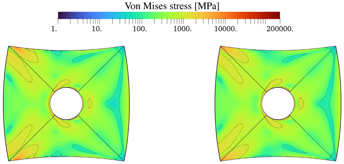 Von Mises membrane stress fields on a multi-patch hyperboloid shell with a hole.