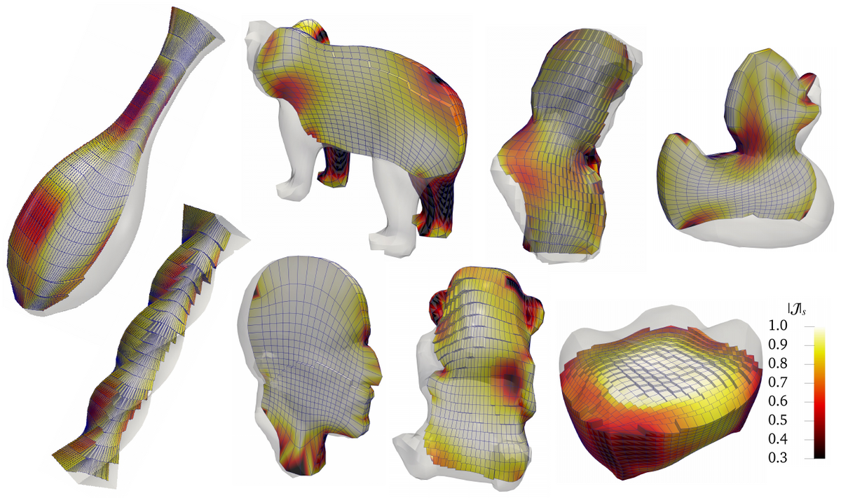 Gallery of volumetric spline parameterizations coloured by scaled Jacobian.