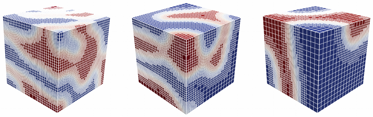 Three-dimensional Cahn-Hilliard phase separation on adaptively refined THB meshes.