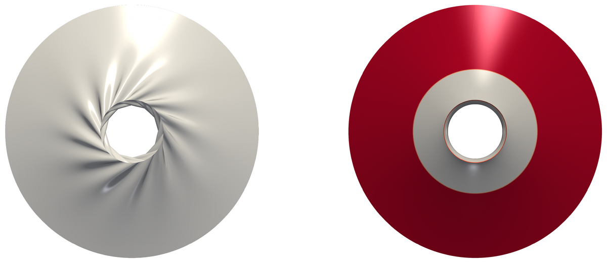 Top view of a wrinkled annulus and its computed tension field (red: taut).